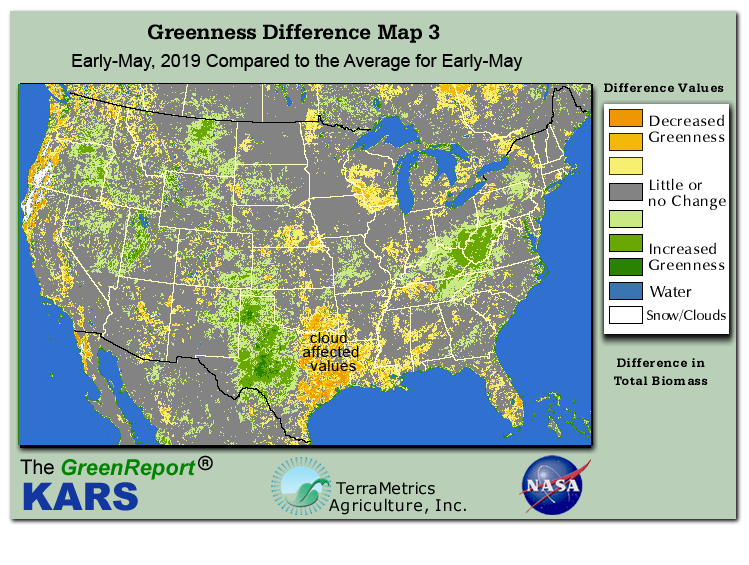 Color-coded U.S. vegetation greeness index map for Period 19 of 2019, illustrating spatial variations in plant vigor, with greener tones indicating higher biomass and browner tones indicating stressed vegetation,
              comparing current crop/vegetation change in biomass to the 20-year greenness average.