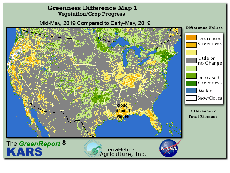 Color-coded U.S. vegetation greeness index map for Period 20 of 2019, illustrating spatial variations in plant vigor, with greener tones indicating higher biomass and browner tones indicating stressed vegetation,
              comparing current crop/vegetation change in biomass to the previous week within the same year.