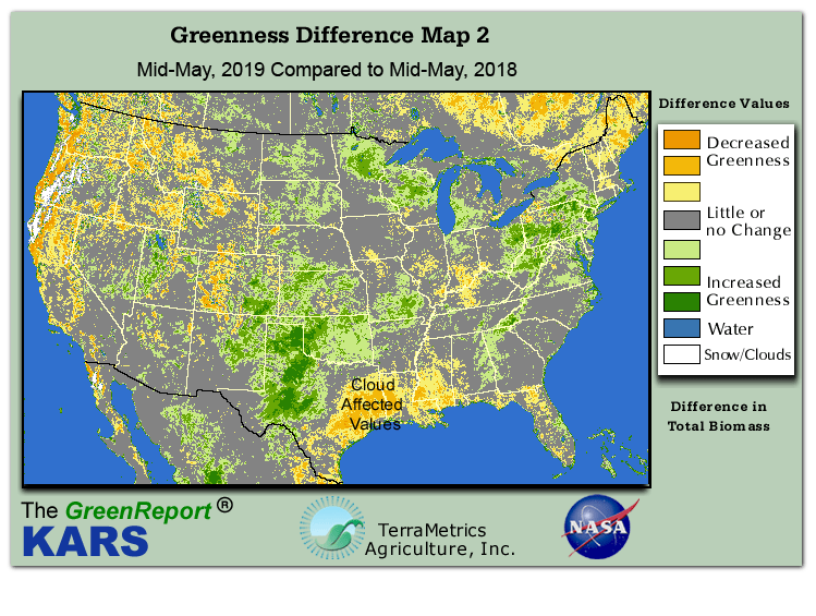 Color-coded U.S. vegetation greeness index map for Period 20 of 2019, illustrating spatial variations in plant vigor, with greener tones indicating higher biomass and browner tones indicating stressed vegetation,
              comparing current crop/vegetation change in biomass to same period from the previous year.