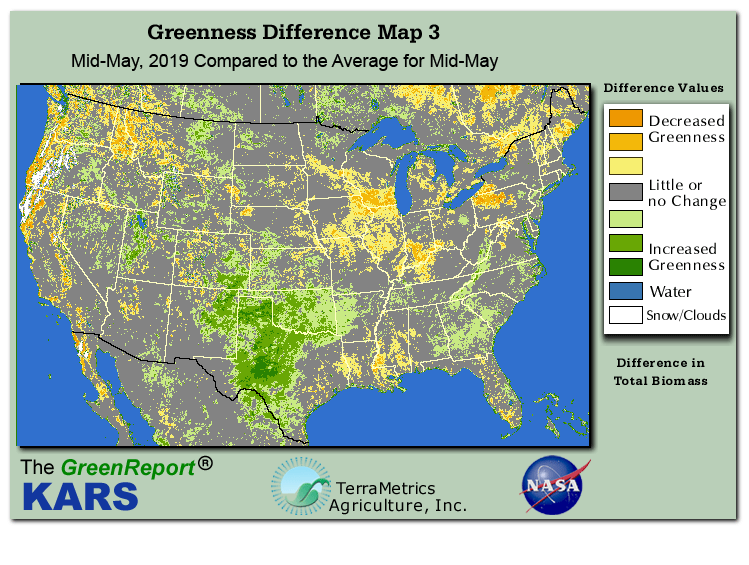 Color-coded U.S. vegetation greeness index map for Period 20 of 2019, illustrating spatial variations in plant vigor, with greener tones indicating higher biomass and browner tones indicating stressed vegetation,
              comparing current crop/vegetation change in biomass to the 20-year greenness average.