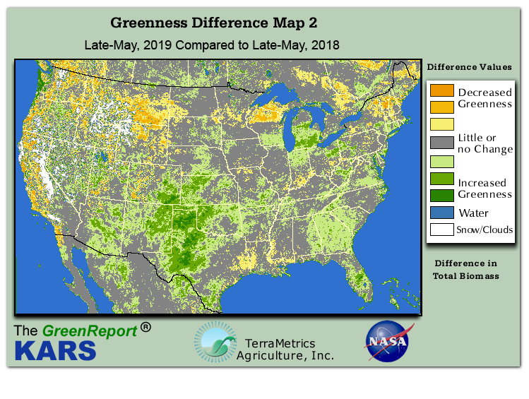 Color-coded U.S. vegetation greeness index map for Period 21 of 2019, illustrating spatial variations in plant vigor, with greener tones indicating higher biomass and browner tones indicating stressed vegetation,
              comparing current crop/vegetation change in biomass to same period from the previous year.