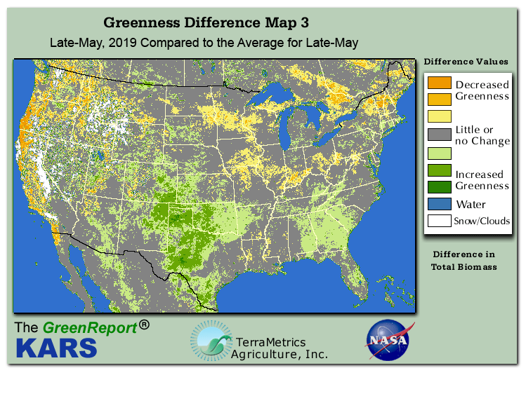 Color-coded U.S. vegetation greeness index map for Period 21 of 2019, illustrating spatial variations in plant vigor, with greener tones indicating higher biomass and browner tones indicating stressed vegetation,
              comparing current crop/vegetation change in biomass to the 20-year greenness average.