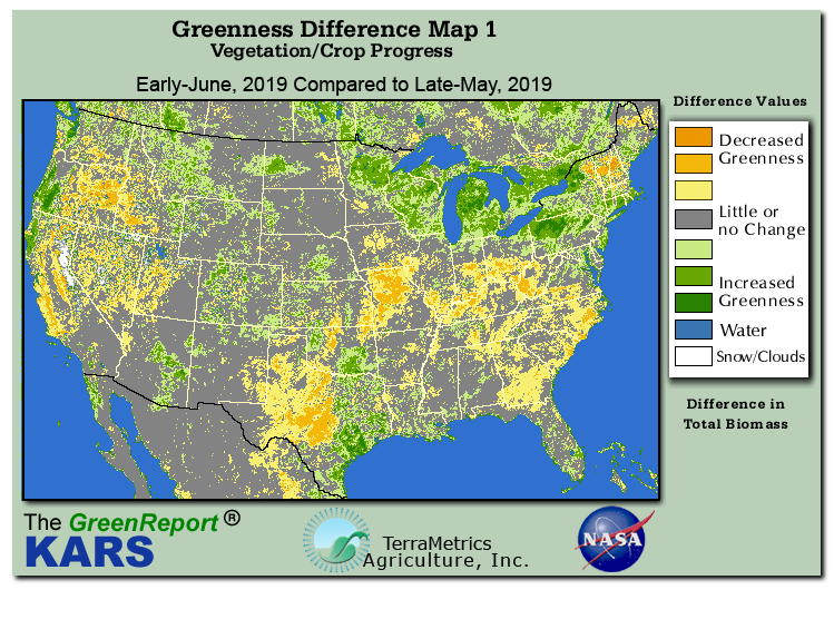 Color-coded U.S. vegetation greeness index map for Period 22 of 2019, illustrating spatial variations in plant vigor, with greener tones indicating higher biomass and browner tones indicating stressed vegetation,
              comparing current crop/vegetation change in biomass to the previous week within the same year.