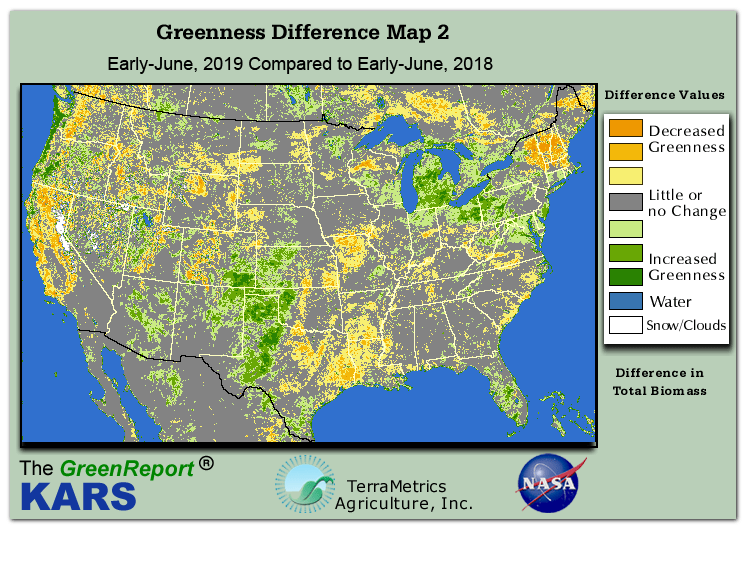 Color-coded U.S. vegetation greeness index map for Period 22 of 2019, illustrating spatial variations in plant vigor, with greener tones indicating higher biomass and browner tones indicating stressed vegetation,
              comparing current crop/vegetation change in biomass to same period from the previous year.