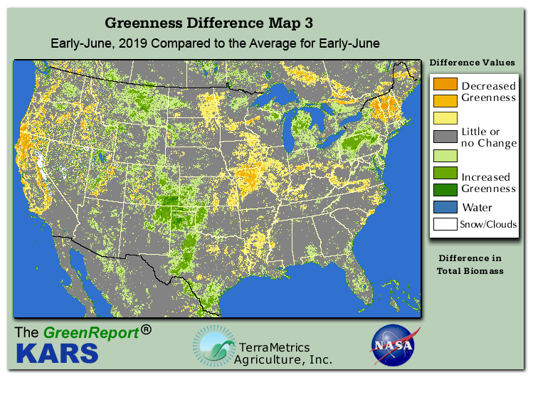 Color-coded U.S. vegetation greeness index map for Period 22 of 2019, illustrating spatial variations in plant vigor, with greener tones indicating higher biomass and browner tones indicating stressed vegetation,
              comparing current crop/vegetation change in biomass to the 20-year greenness average.