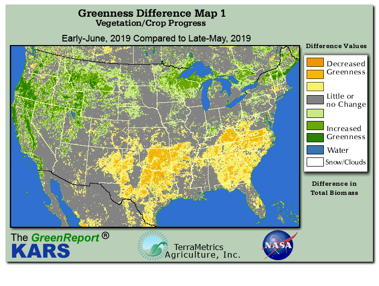 Color-coded U.S. vegetation greeness index map for Period 23 of 2019, illustrating spatial variations in plant vigor, with greener tones indicating higher biomass and browner tones indicating stressed vegetation,
              comparing current crop/vegetation change in biomass to the previous week within the same year.