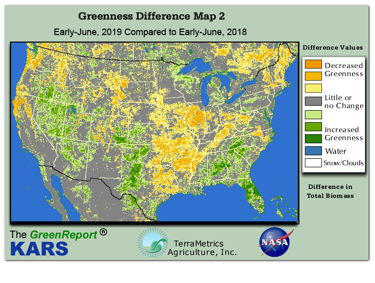 Color-coded U.S. vegetation greeness index map for Period 23 of 2019, illustrating spatial variations in plant vigor, with greener tones indicating higher biomass and browner tones indicating stressed vegetation,
              comparing current crop/vegetation change in biomass to same period from the previous year.