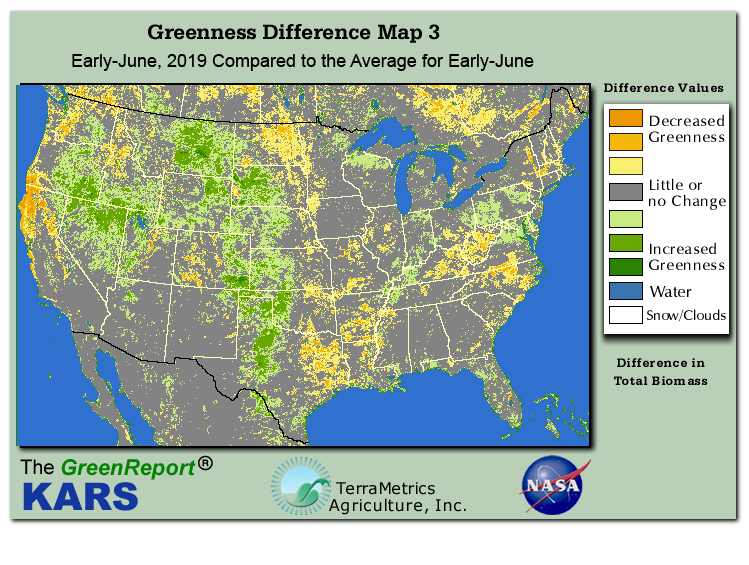 Color-coded U.S. vegetation greeness index map for Period 23 of 2019, illustrating spatial variations in plant vigor, with greener tones indicating higher biomass and browner tones indicating stressed vegetation,
              comparing current crop/vegetation change in biomass to the 20-year greenness average.