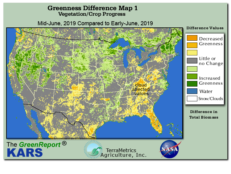 Color-coded U.S. vegetation greeness index map for Period 24 of 2019, illustrating spatial variations in plant vigor, with greener tones indicating higher biomass and browner tones indicating stressed vegetation,
              comparing current crop/vegetation change in biomass to the previous week within the same year.