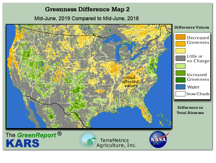 Color-coded U.S. vegetation greeness index map for Period 24 of 2019, illustrating spatial variations in plant vigor, with greener tones indicating higher biomass and browner tones indicating stressed vegetation,
              comparing current crop/vegetation change in biomass to same period from the previous year.