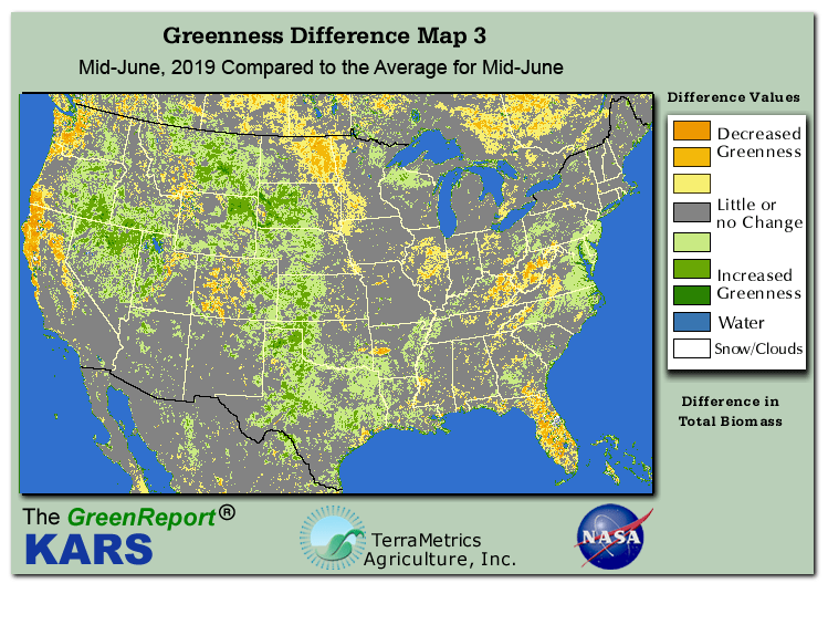Color-coded U.S. vegetation greeness index map for Period 24 of 2019, illustrating spatial variations in plant vigor, with greener tones indicating higher biomass and browner tones indicating stressed vegetation,
              comparing current crop/vegetation change in biomass to the 20-year greenness average.