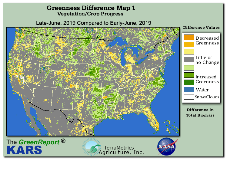 Color-coded U.S. vegetation greeness index map for Period 25 of 2019, illustrating spatial variations in plant vigor, with greener tones indicating higher biomass and browner tones indicating stressed vegetation,
              comparing current crop/vegetation change in biomass to the previous week within the same year.