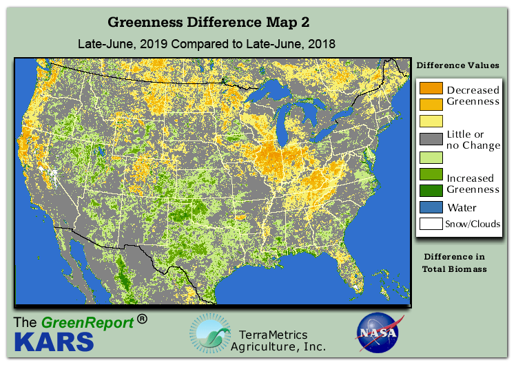 Color-coded U.S. vegetation greeness index map for Period 25 of 2019, illustrating spatial variations in plant vigor, with greener tones indicating higher biomass and browner tones indicating stressed vegetation,
              comparing current crop/vegetation change in biomass to same period from the previous year.