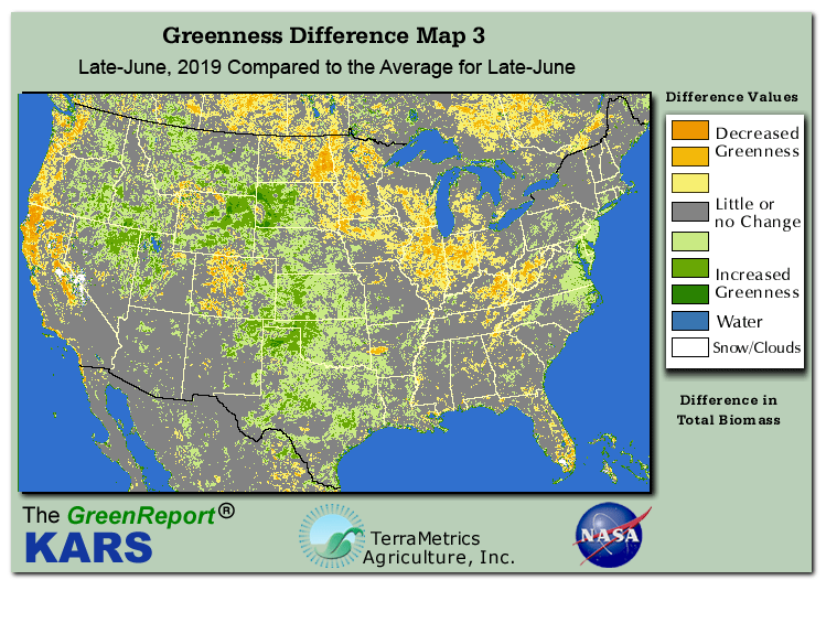 Color-coded U.S. vegetation greeness index map for Period 25 of 2019, illustrating spatial variations in plant vigor, with greener tones indicating higher biomass and browner tones indicating stressed vegetation,
              comparing current crop/vegetation change in biomass to the 20-year greenness average.
