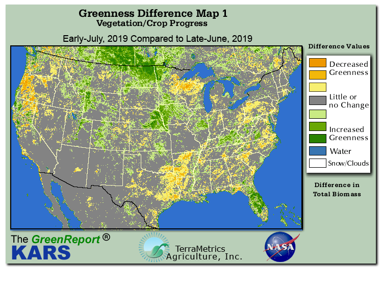 Color-coded U.S. vegetation greeness index map for Period 26 of 2019, illustrating spatial variations in plant vigor, with greener tones indicating higher biomass and browner tones indicating stressed vegetation,
              comparing current crop/vegetation change in biomass to the previous week within the same year.