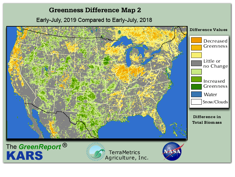 Color-coded U.S. vegetation greeness index map for Period 26 of 2019, illustrating spatial variations in plant vigor, with greener tones indicating higher biomass and browner tones indicating stressed vegetation,
              comparing current crop/vegetation change in biomass to same period from the previous year.