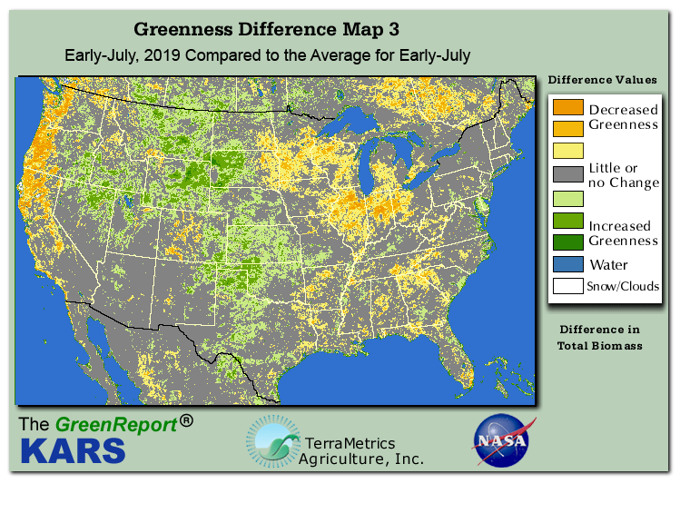 Color-coded U.S. vegetation greeness index map for Period 26 of 2019, illustrating spatial variations in plant vigor, with greener tones indicating higher biomass and browner tones indicating stressed vegetation,
              comparing current crop/vegetation change in biomass to the 20-year greenness average.