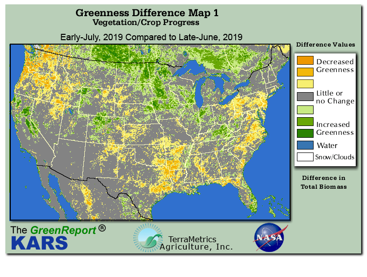 Color-coded U.S. vegetation greeness index map for Period 27 of 2019, illustrating spatial variations in plant vigor, with greener tones indicating higher biomass and browner tones indicating stressed vegetation,
              comparing current crop/vegetation change in biomass to the previous week within the same year.