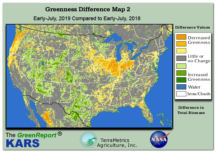 Color-coded U.S. vegetation greeness index map for Period 27 of 2019, illustrating spatial variations in plant vigor, with greener tones indicating higher biomass and browner tones indicating stressed vegetation,
              comparing current crop/vegetation change in biomass to same period from the previous year.