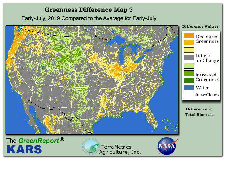 Color-coded U.S. vegetation greeness index map for Period 27 of 2019, illustrating spatial variations in plant vigor, with greener tones indicating higher biomass and browner tones indicating stressed vegetation,
              comparing current crop/vegetation change in biomass to the 20-year greenness average.