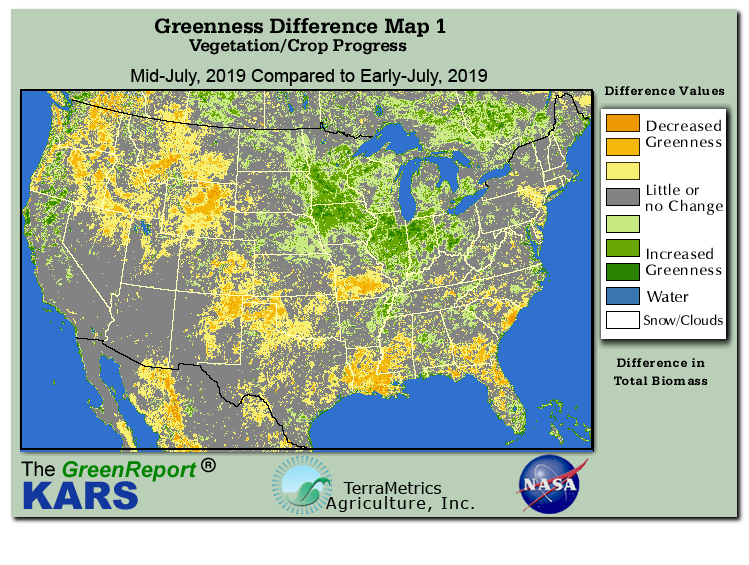 Color-coded U.S. vegetation greeness index map for Period 28 of 2019, illustrating spatial variations in plant vigor, with greener tones indicating higher biomass and browner tones indicating stressed vegetation,
              comparing current crop/vegetation change in biomass to the previous week within the same year.