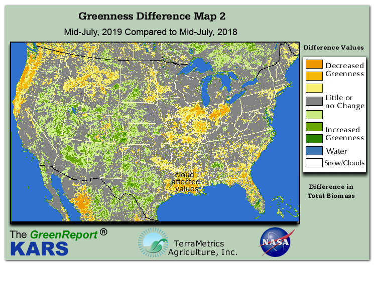 Color-coded U.S. vegetation greeness index map for Period 28 of 2019, illustrating spatial variations in plant vigor, with greener tones indicating higher biomass and browner tones indicating stressed vegetation,
              comparing current crop/vegetation change in biomass to same period from the previous year.