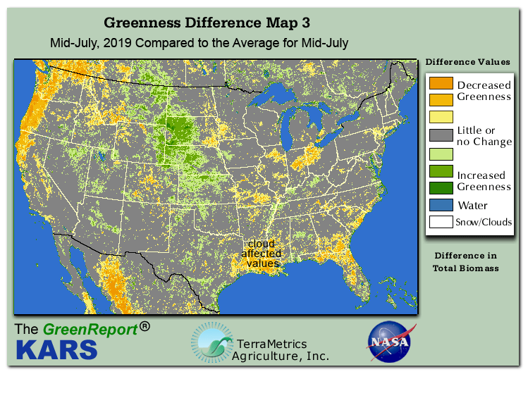 Color-coded U.S. vegetation greeness index map for Period 28 of 2019, illustrating spatial variations in plant vigor, with greener tones indicating higher biomass and browner tones indicating stressed vegetation,
              comparing current crop/vegetation change in biomass to the 20-year greenness average.