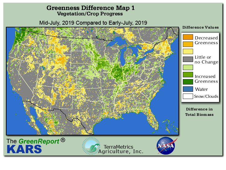 Color-coded U.S. vegetation greeness index map for Period 29 of 2019, illustrating spatial variations in plant vigor, with greener tones indicating higher biomass and browner tones indicating stressed vegetation,
              comparing current crop/vegetation change in biomass to the previous week within the same year.