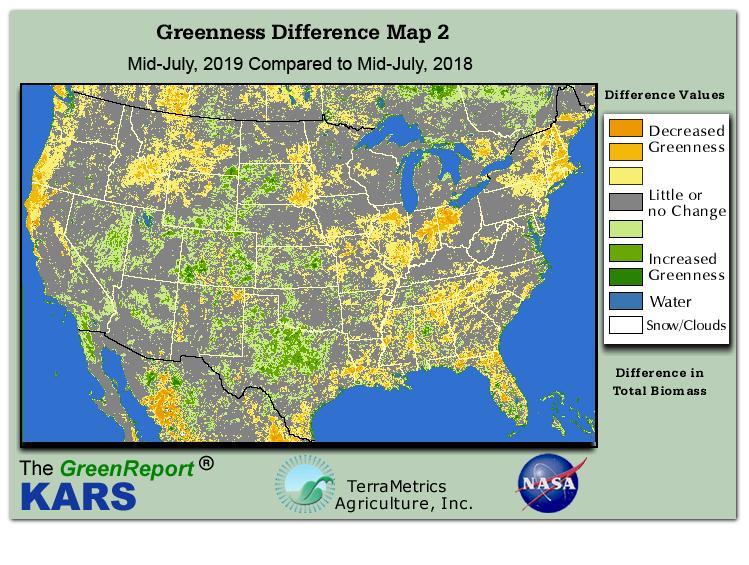 Color-coded U.S. vegetation greeness index map for Period 29 of 2019, illustrating spatial variations in plant vigor, with greener tones indicating higher biomass and browner tones indicating stressed vegetation,
              comparing current crop/vegetation change in biomass to same period from the previous year.