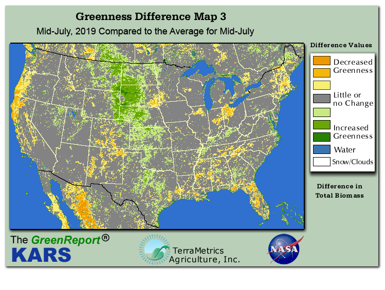 Color-coded U.S. vegetation greeness index map for Period 29 of 2019, illustrating spatial variations in plant vigor, with greener tones indicating higher biomass and browner tones indicating stressed vegetation,
              comparing current crop/vegetation change in biomass to the 20-year greenness average.