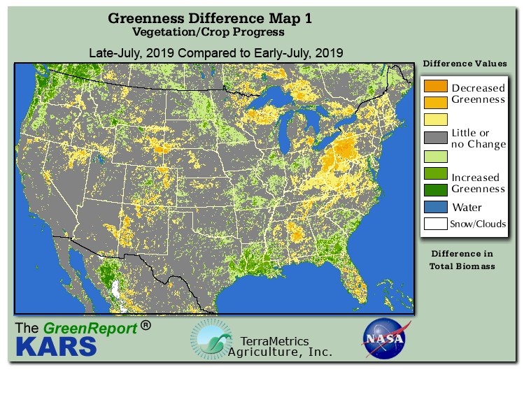 Color-coded U.S. vegetation greeness index map for Period 30 of 2019, illustrating spatial variations in plant vigor, with greener tones indicating higher biomass and browner tones indicating stressed vegetation,
              comparing current crop/vegetation change in biomass to the previous week within the same year.