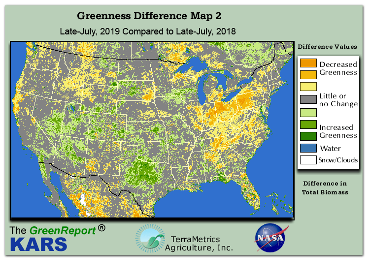 Color-coded U.S. vegetation greeness index map for Period 30 of 2019, illustrating spatial variations in plant vigor, with greener tones indicating higher biomass and browner tones indicating stressed vegetation,
              comparing current crop/vegetation change in biomass to same period from the previous year.