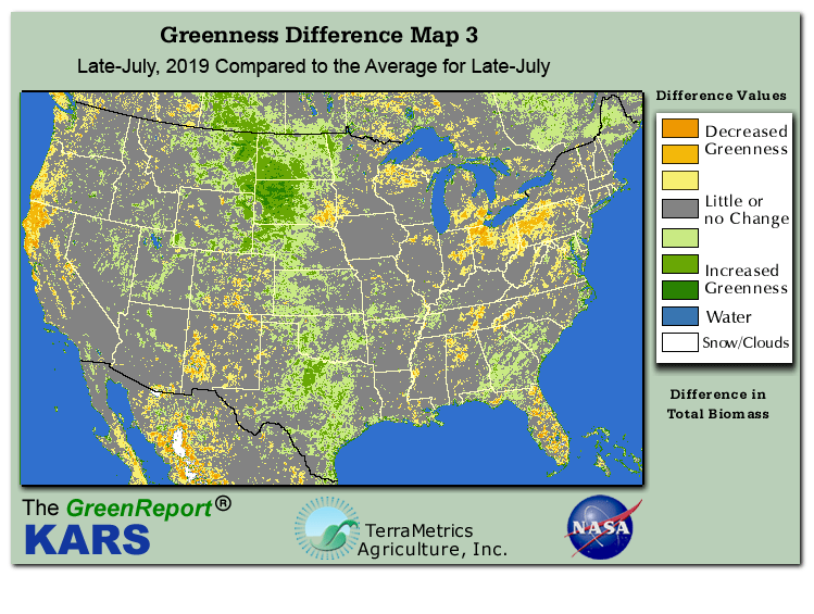 Color-coded U.S. vegetation greeness index map for Period 30 of 2019, illustrating spatial variations in plant vigor, with greener tones indicating higher biomass and browner tones indicating stressed vegetation,
              comparing current crop/vegetation change in biomass to the 20-year greenness average.