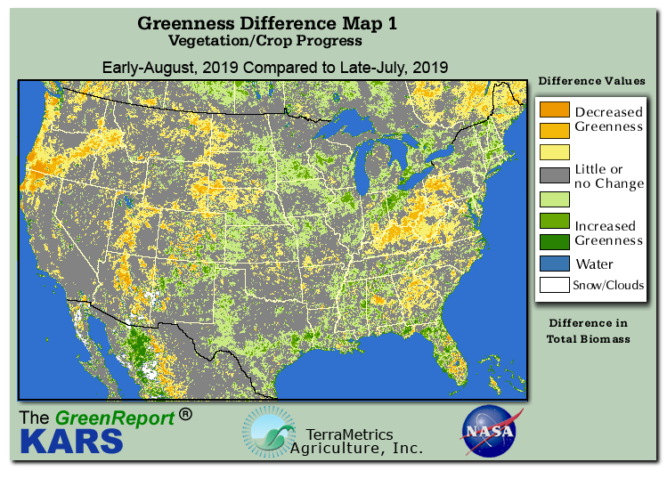 Color-coded U.S. vegetation greeness index map for Period 31 of 2019, illustrating spatial variations in plant vigor, with greener tones indicating higher biomass and browner tones indicating stressed vegetation,
              comparing current crop/vegetation change in biomass to the previous week within the same year.