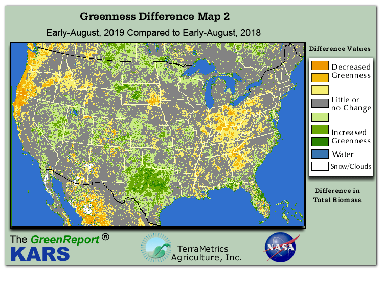 Color-coded U.S. vegetation greeness index map for Period 31 of 2019, illustrating spatial variations in plant vigor, with greener tones indicating higher biomass and browner tones indicating stressed vegetation,
              comparing current crop/vegetation change in biomass to same period from the previous year.
