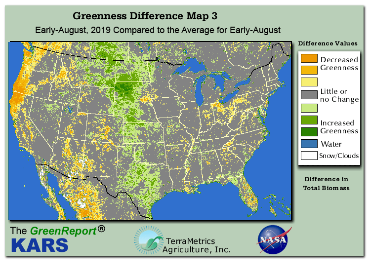 Color-coded U.S. vegetation greeness index map for Period 31 of 2019, illustrating spatial variations in plant vigor, with greener tones indicating higher biomass and browner tones indicating stressed vegetation,
              comparing current crop/vegetation change in biomass to the 20-year greenness average.