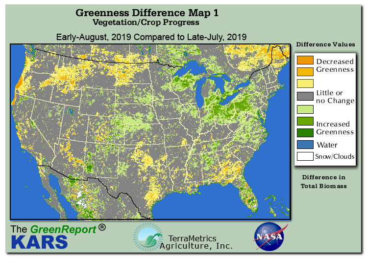 Color-coded U.S. vegetation greeness index map for Period 32 of 2019, illustrating spatial variations in plant vigor, with greener tones indicating higher biomass and browner tones indicating stressed vegetation,
              comparing current crop/vegetation change in biomass to the previous week within the same year.