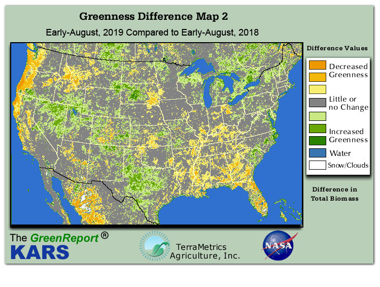 Color-coded U.S. vegetation greeness index map for Period 32 of 2019, illustrating spatial variations in plant vigor, with greener tones indicating higher biomass and browner tones indicating stressed vegetation,
              comparing current crop/vegetation change in biomass to same period from the previous year.