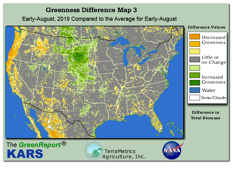 Color-coded U.S. vegetation greeness index map for Period 32 of 2019, illustrating spatial variations in plant vigor, with greener tones indicating higher biomass and browner tones indicating stressed vegetation,
              comparing current crop/vegetation change in biomass to the 20-year greenness average.