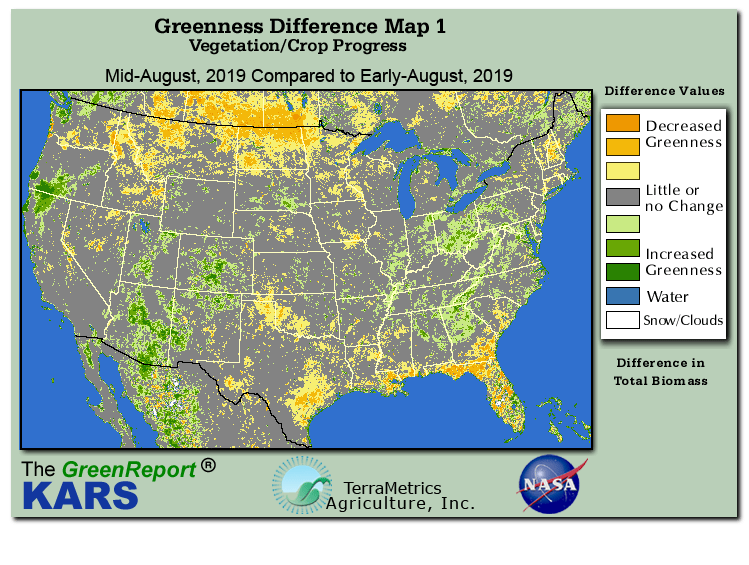 Color-coded U.S. vegetation greeness index map for Period 33 of 2019, illustrating spatial variations in plant vigor, with greener tones indicating higher biomass and browner tones indicating stressed vegetation,
              comparing current crop/vegetation change in biomass to the previous week within the same year.