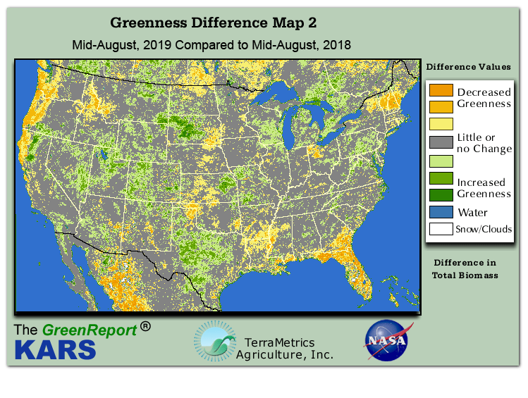 Color-coded U.S. vegetation greeness index map for Period 33 of 2019, illustrating spatial variations in plant vigor, with greener tones indicating higher biomass and browner tones indicating stressed vegetation,
              comparing current crop/vegetation change in biomass to same period from the previous year.