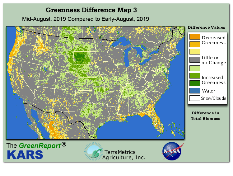 Color-coded U.S. vegetation greeness index map for Period 33 of 2019, illustrating spatial variations in plant vigor, with greener tones indicating higher biomass and browner tones indicating stressed vegetation,
              comparing current crop/vegetation change in biomass to the 20-year greenness average.