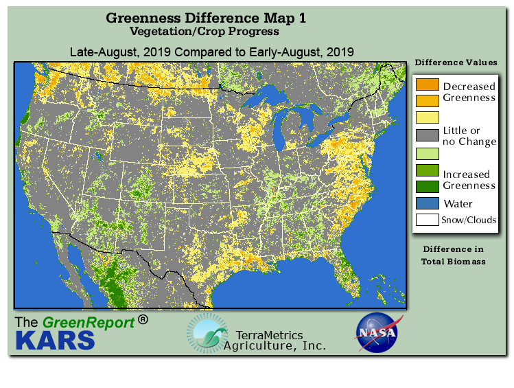 Color-coded U.S. vegetation greeness index map for Period 34 of 2019, illustrating spatial variations in plant vigor, with greener tones indicating higher biomass and browner tones indicating stressed vegetation,
              comparing current crop/vegetation change in biomass to the previous week within the same year.