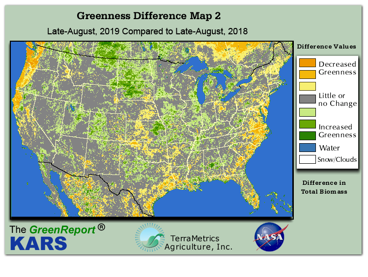 Color-coded U.S. vegetation greeness index map for Period 34 of 2019, illustrating spatial variations in plant vigor, with greener tones indicating higher biomass and browner tones indicating stressed vegetation,
              comparing current crop/vegetation change in biomass to same period from the previous year.
