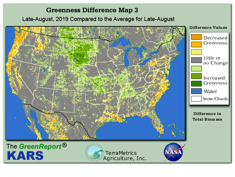Color-coded U.S. vegetation greeness index map for Period 34 of 2019, illustrating spatial variations in plant vigor, with greener tones indicating higher biomass and browner tones indicating stressed vegetation,
              comparing current crop/vegetation change in biomass to the 20-year greenness average.