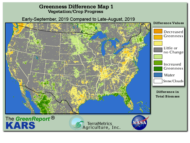 Color-coded U.S. vegetation greeness index map for Period 35 of 2019, illustrating spatial variations in plant vigor, with greener tones indicating higher biomass and browner tones indicating stressed vegetation,
              comparing current crop/vegetation change in biomass to the previous week within the same year.