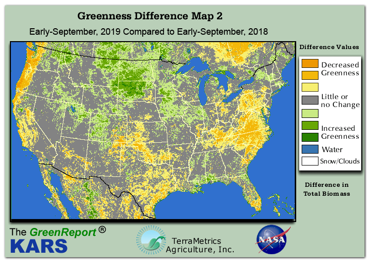 Color-coded U.S. vegetation greeness index map for Period 35 of 2019, illustrating spatial variations in plant vigor, with greener tones indicating higher biomass and browner tones indicating stressed vegetation,
              comparing current crop/vegetation change in biomass to same period from the previous year.