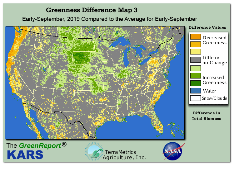 Color-coded U.S. vegetation greeness index map for Period 35 of 2019, illustrating spatial variations in plant vigor, with greener tones indicating higher biomass and browner tones indicating stressed vegetation,
              comparing current crop/vegetation change in biomass to the 20-year greenness average.