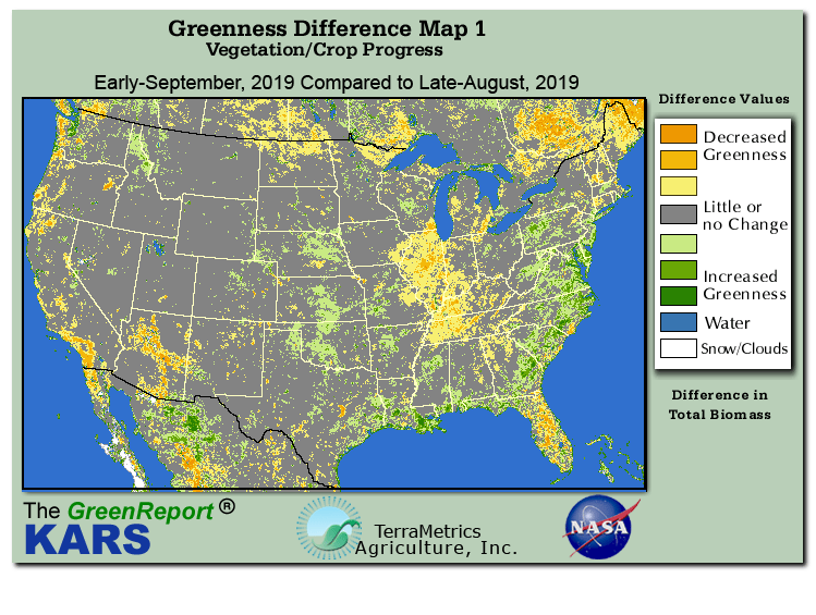 Color-coded U.S. vegetation greeness index map for Period 36 of 2019, illustrating spatial variations in plant vigor, with greener tones indicating higher biomass and browner tones indicating stressed vegetation,
              comparing current crop/vegetation change in biomass to the previous week within the same year.
