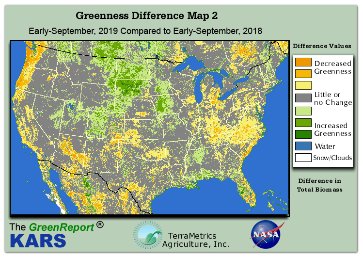 Color-coded U.S. vegetation greeness index map for Period 36 of 2019, illustrating spatial variations in plant vigor, with greener tones indicating higher biomass and browner tones indicating stressed vegetation,
              comparing current crop/vegetation change in biomass to same period from the previous year.